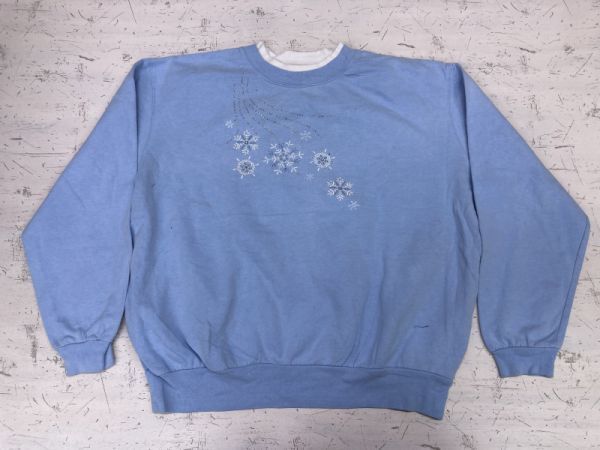 trilllogy by morning sun モーニングサン カントリー古着 雪柄 スウェット トレーナー レディース ラインストーン レイヤード XL 水色_画像1