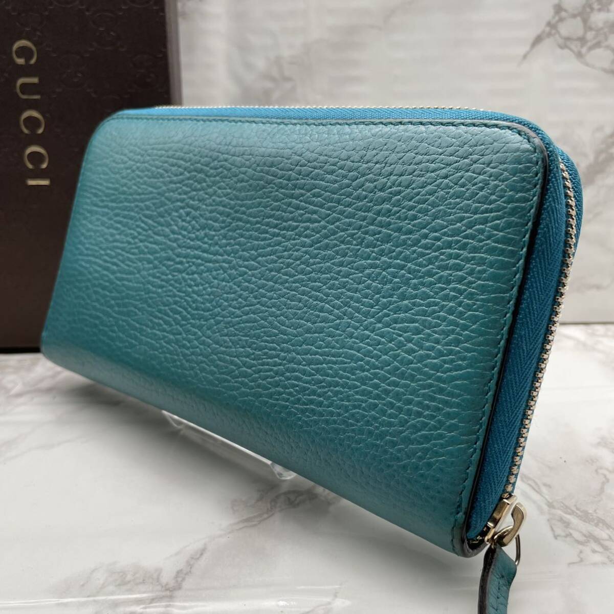 1円【希少色】極美品●GUCCI グッチ 長財布 インターロッキング ラウンドウォレット ジップ ファスナー ターコイズブルー シボ革 メンズ_画像2