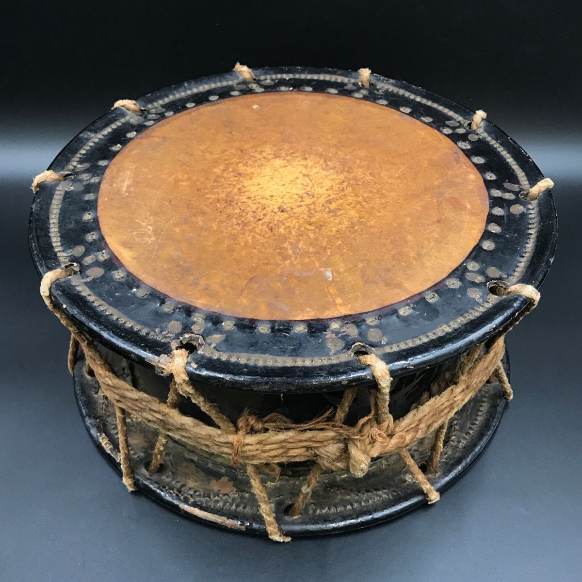  old Japanese drum 2 point together era traditional Japanese musical instrument . futoshi hand drum [309-064#140]