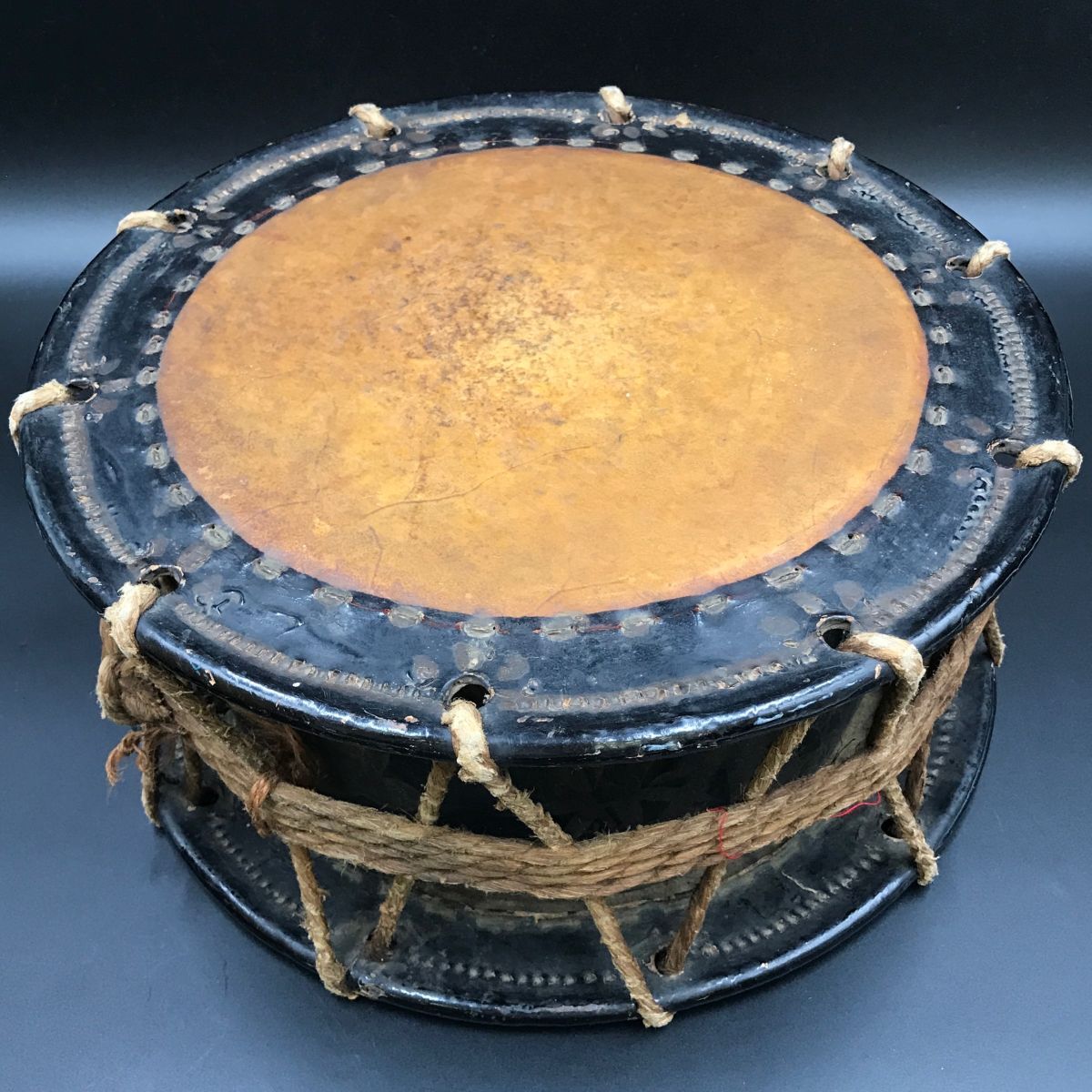  old Japanese drum 2 point together era traditional Japanese musical instrument . futoshi hand drum [309-064#140]
