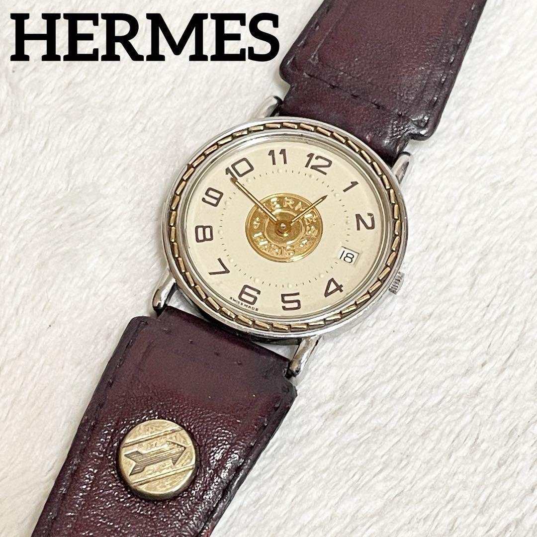 R-905 1円〜 HERMES エルメス 腕時計 セリエ アナログ クォーツ デイト 革 レザー ベージュ ゴールド 160178A