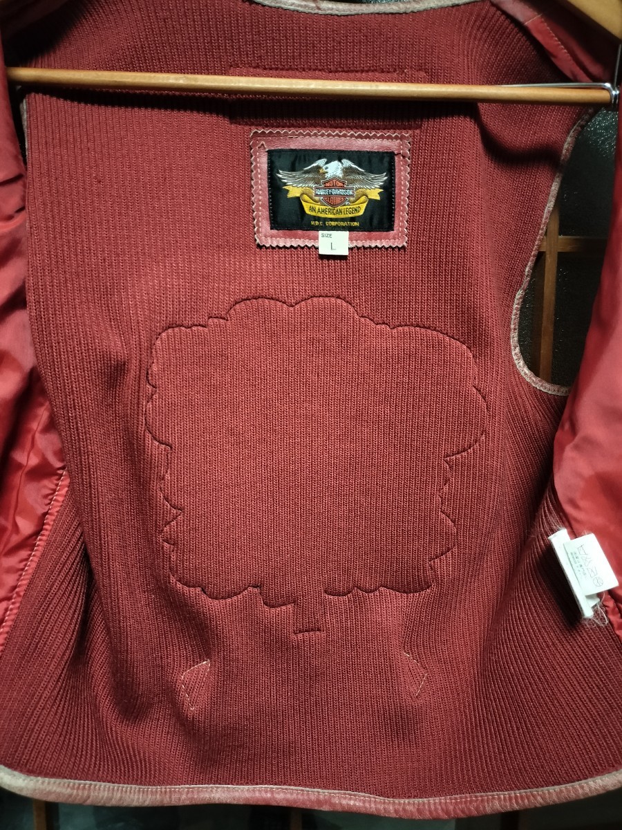ハーレーダビッドソン ビンテージ レザーベスト ベスト レザージャケット ライダースジャケット ブルゾン L バイカー 刺繍 レッド 赤の画像8