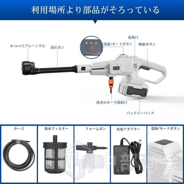 高圧洗浄機 コードレス 充電式 バッテリー*1 6in1ノズル マキタ バッテリー併用 最大吐出圧力5MPa 自吸式 3つのギアモード PSE認証 GJ03005_画像9