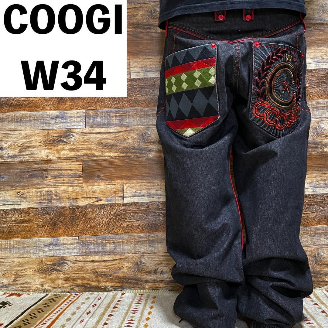 COOGI クージー ブラックデニム ブラックジーンズ 極太 w34 刺繍 COOGI クージー ブラックデニム ブラックジーンズ 極太 w34 刺繍