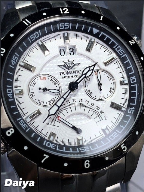 新品 正規品 ドミニク DOMINIC 自動巻き 腕時計 オートマティック カレンダー 5気圧防水 ステンレス ブラック ホワイト メンズ プレゼント_画像1