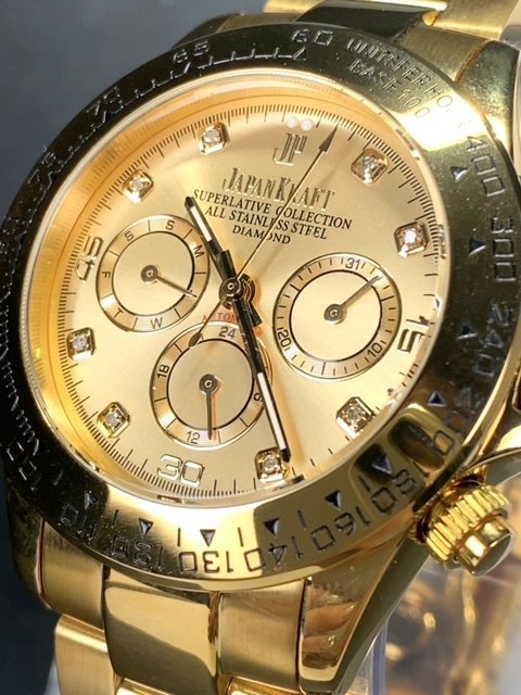 8石天然ダイヤモンド付き 新品 JAPAN KRAFT ジャパンクラフト 腕時計 正規品 クロノグラフ 自動巻き オートマティック 防水 ゴールド 金_画像3