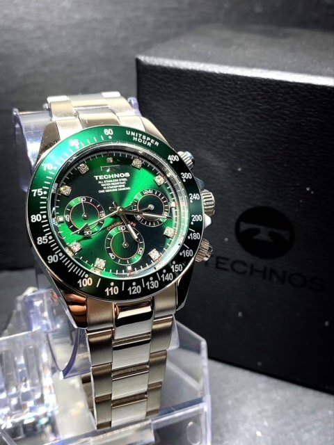 限定カラー 天然ダイヤモンド付き 新品 TECHNOS テクノス 正規品 腕時計 シルバー グリーン クロノグラフ アナログ腕時計 多機能腕時計_画像4