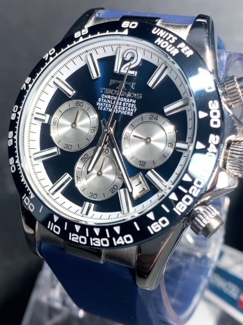新品 TECHNOS テクノス 腕時計 正規品 アナログ腕時計 クオーツ カレンダー クロノグラフ 10気圧防水 ラバーベルト ブルー プレゼント_画像3