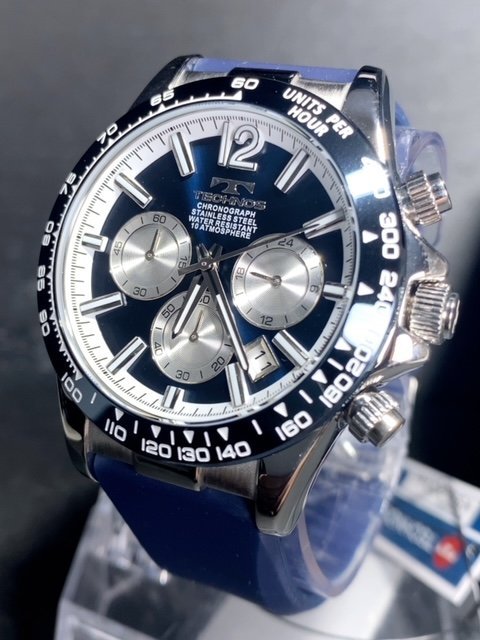新品 TECHNOS テクノス 腕時計 正規品 アナログ腕時計 クオーツ カレンダー クロノグラフ 10気圧防水 ラバーベルト ブルー プレゼント_画像4