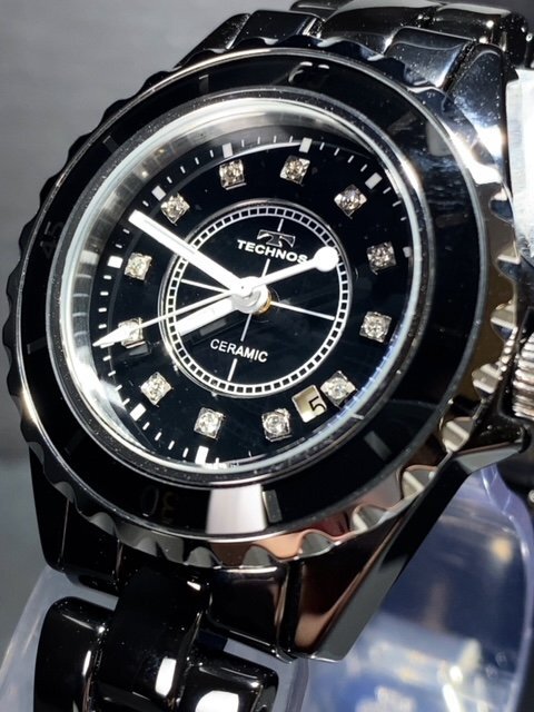 ダイヤモンド付き 新品 テクノス TECHNOS 正規品 腕時計 アナログ腕時計 クオーツ セラミック カレンダー 3気圧防水 ブラック プレゼント_画像3