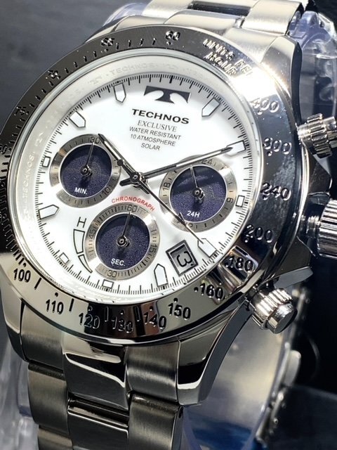新品 TECHNOS テクノス 腕時計 正規品 アナログ ソーラー クロノグラフ ステンレス 10気圧防水 カレンダー ビジネス ホワイト プレゼントの画像2