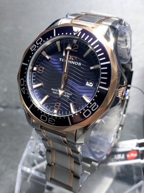 新品 TECHNOS テクノス 腕時計 正規品 アナログ腕時計 クオーツ カレンダー 10気圧防水 ステンレス シンプル ブルー ピンクゴールド メンズ_画像4