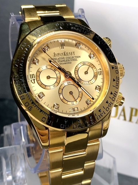 8石天然ダイヤモンド付き 新品 JAPAN KRAFT ジャパンクラフト 腕時計 正規品 クロノグラフ 自動巻き オートマティック 防水 ゴールド 金の画像2