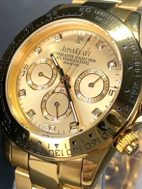 8石天然ダイヤモンド付き 新品 JAPAN KRAFT ジャパンクラフト 腕時計 正規品 クロノグラフ 自動巻き オートマティック 防水 ゴールド 金の画像3