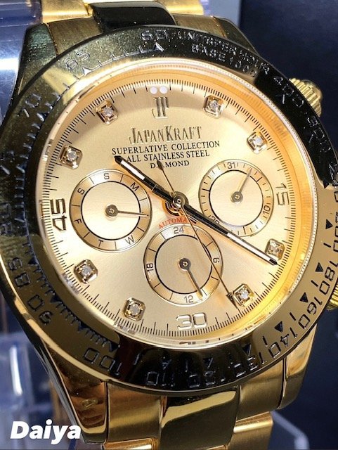 8石天然ダイヤモンド付き 新品 JAPAN KRAFT ジャパンクラフト 腕時計 正規品 クロノグラフ 自動巻き オートマティック 防水 ゴールド 金_画像1