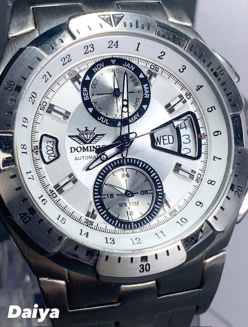 新品 正規品 ドミニク DOMINIC 自動巻き 腕時計 オートマティック カレンダー 5気圧防水 ステンレス ホワイト シルバー メンズ プレゼント_画像1