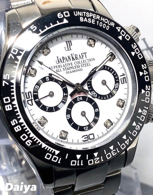 天然ダイヤモンド付き 新品 JAPAN KRAFT ジャパンクラフト 腕時計 正規品 クロノグラフ コスモグラフ 自動巻き 機械式 防水 ホワイト 白の画像1