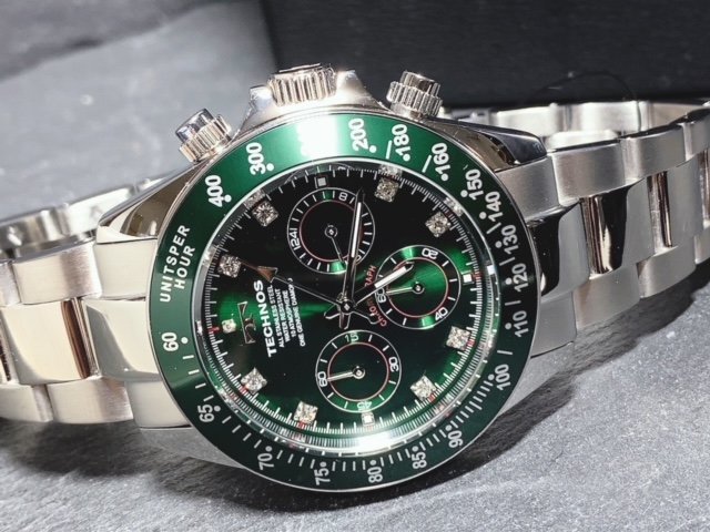 限定カラー 天然ダイヤモンド付き 新品 TECHNOS テクノス 正規品 腕時計 シルバー グリーン クロノグラフ アナログ腕時計 多機能腕時計_画像6
