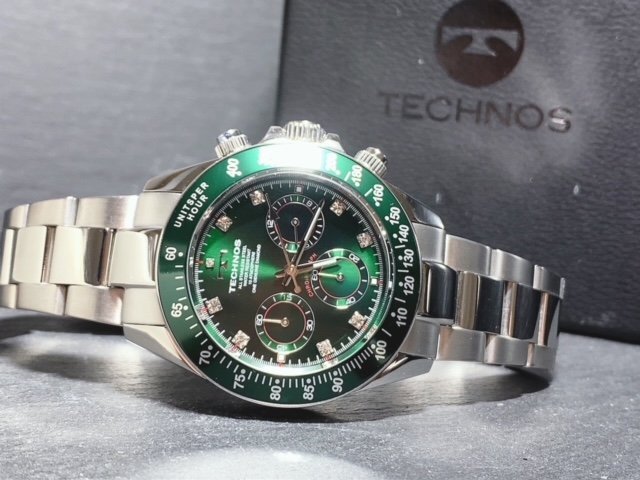 限定カラー 天然ダイヤモンド付き 新品 TECHNOS テクノス 正規品 腕時計 シルバー グリーン クロノグラフ アナログ腕時計 多機能腕時計の画像7