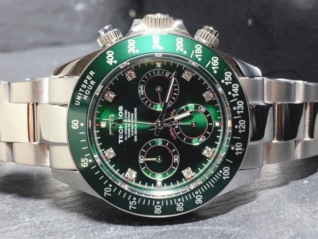 限定カラー 天然ダイヤモンド付き 新品 TECHNOS テクノス 正規品 腕時計 シルバー グリーン クロノグラフ アナログ腕時計 多機能腕時計の画像5