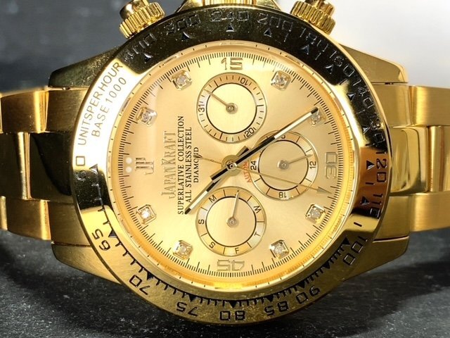8石天然ダイヤモンド付き 新品 JAPAN KRAFT ジャパンクラフト 腕時計 正規品 クロノグラフ 自動巻き オートマティック 防水 ゴールド 金の画像6