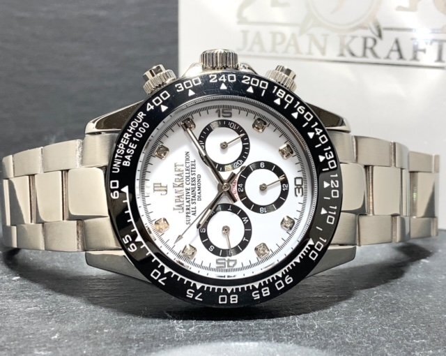 天然ダイヤモンド付き 新品 JAPAN KRAFT ジャパンクラフト 腕時計 正規品 クロノグラフ コスモグラフ 自動巻き 機械式 防水 ホワイト 白の画像5