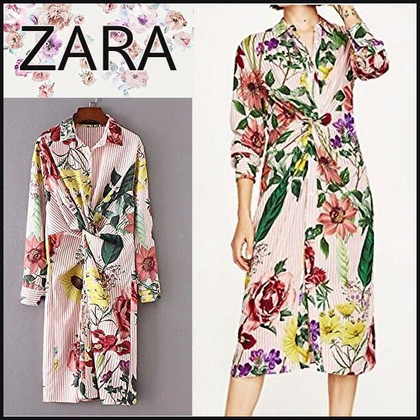 【ザラ/ZARA】ストライプ花柄シャツロングワンピース　長袖　ピンク 　S　ボタニカル柄　春　夏　リゾート　スタイルアップ　送料無料