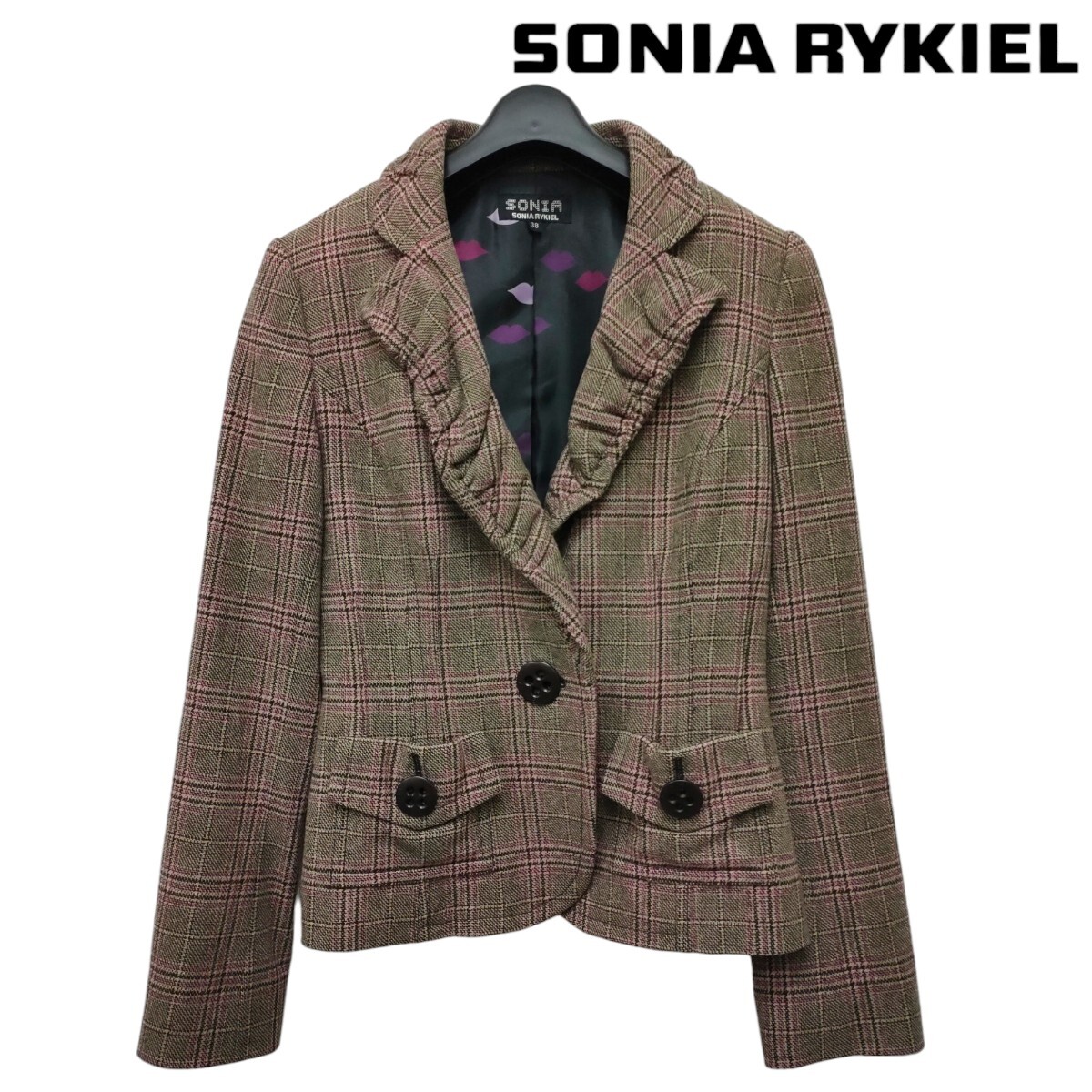 SONIA SONIA RYKIEL/ソニアリキエル レディース ウール混 テーラードジャケット ブラウン×ピンク系チェック柄 38サイズ I-3672_画像1