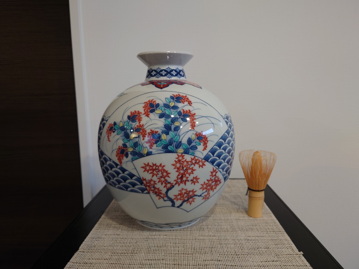 十九代 市川光山作　色鍋島 萩紅葉文 花瓶　高さ約27cm　共箱　師:中村清六_画像1