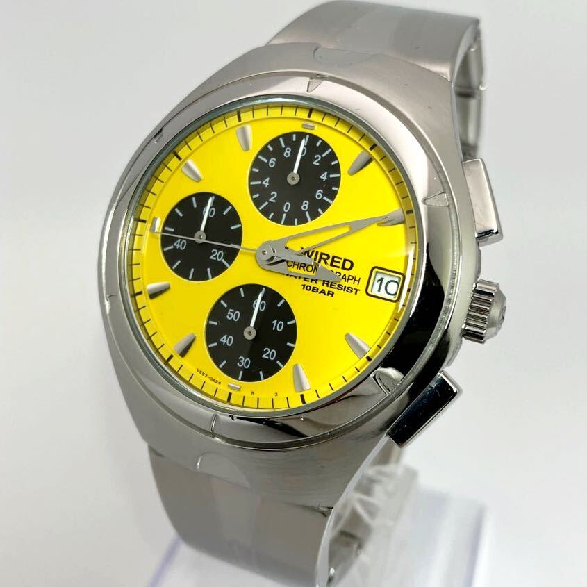 美品☆電池新品☆送料込☆セイコー SEIKO ワイアード WIRED アルバ ALBA クロノグラフ メンズ腕時計 イエロー 希少カラー V657-0A30_画像3