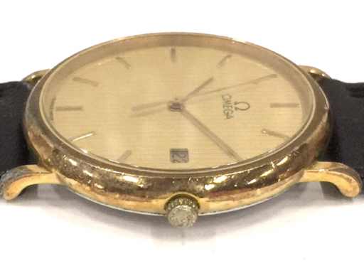 オメガ デビル デイト クォーツ 腕時計 ラウンドフェイス ゴールドカラー文字盤 未稼働品 メンズ 社外ベルト OMEGAの画像3