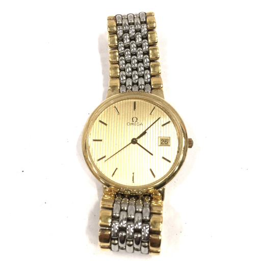 オメガ デイト クォーツ 腕時計 メンズ ゴールドカラー文字盤 純正ブレス ラウンドフェイス ジャンク品 OMEGAの画像6