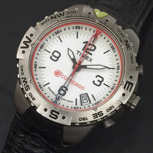 タイメックス 腕時計 コンパス COMPASS ラウンド デイト 白文字盤 クォーツ メンズ レザーベルト TIMEX QR035-214_画像1