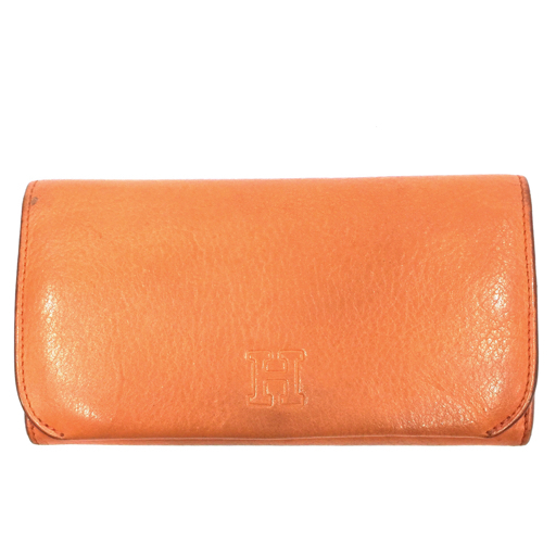 ヒロフ レザー 二つ折り長財布 Hロゴ ボタン ロングウォレット イタリア製 オレンジ系 保存袋付き 現状品の画像1