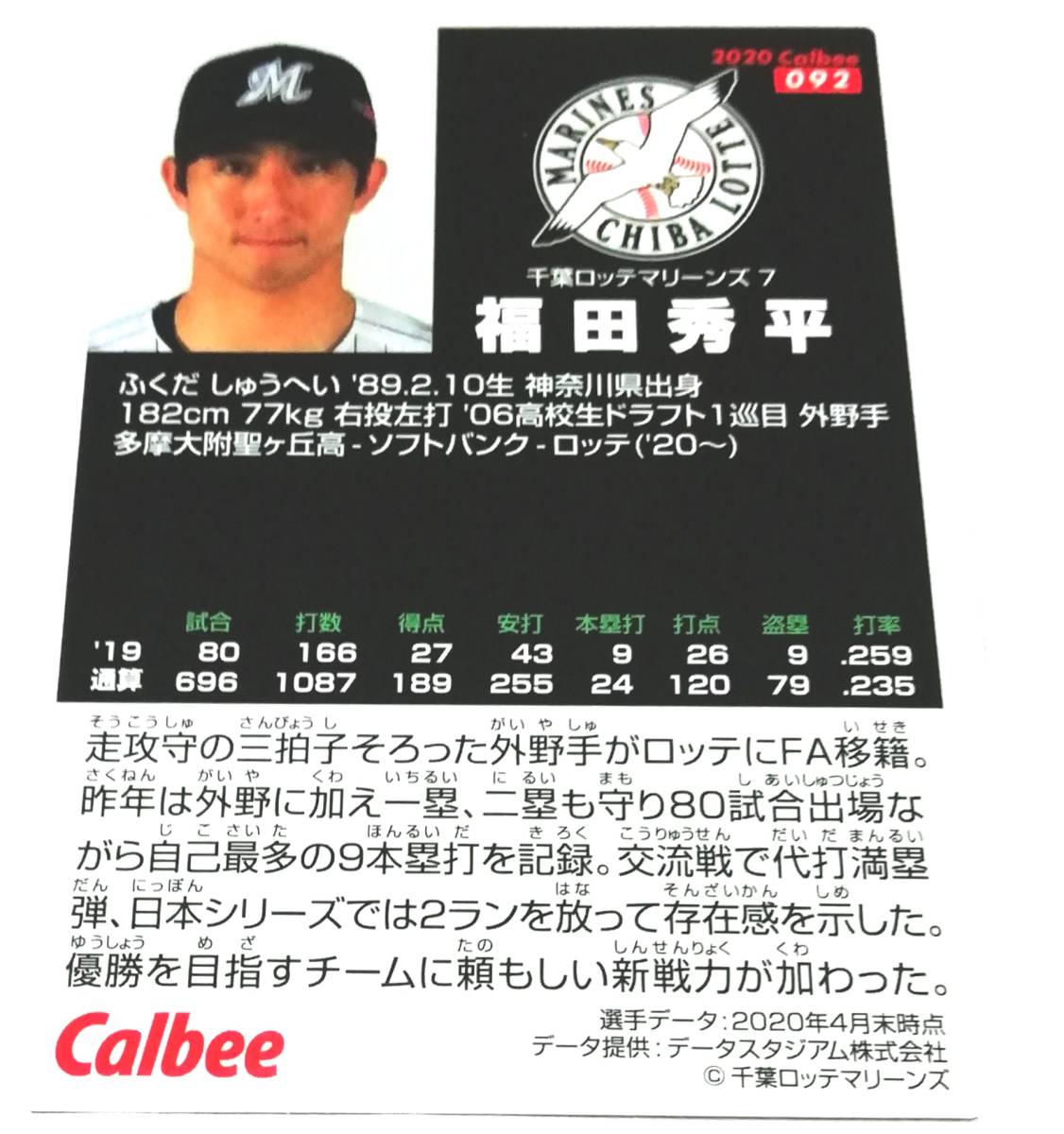 2020　第2弾　福田秀平　ロッテマリーンズ　レギュラーカード 【092】 ★ カルビープロ野球チップス_画像2