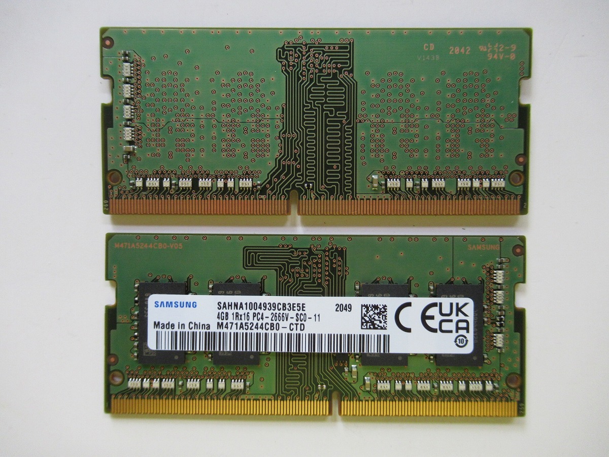 SAMSUNG CHINA 4GB 1R×16 PC4-2666V 4GB 2 sheets set 1 set 8GB Used operation goods 