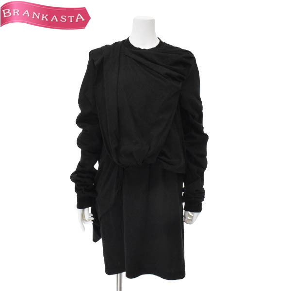 【美品】Rick Owens/リックオウエンス ワンピース 長袖 丸首 カットソー ドレープ 変形デザイン 綿 IT:M 黒 [NEW]★61CE83