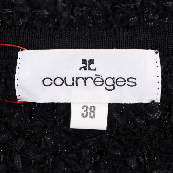 [ beautiful goods ]courreges/ Courreges cardigan tops 7 minute sleeve knitted tweed 1 hook spangled 38 M black [ large Thanksgiving ]*41CL15