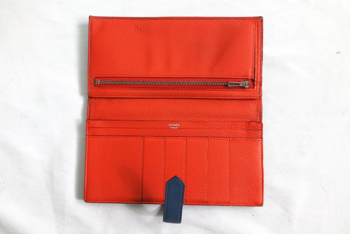 中古 HERMES エルメス ベアンスフレ 2つ折長財布 二つ折り長財布 シェーブル レザー ブルー オレンジ 2018年 C刻印_画像5