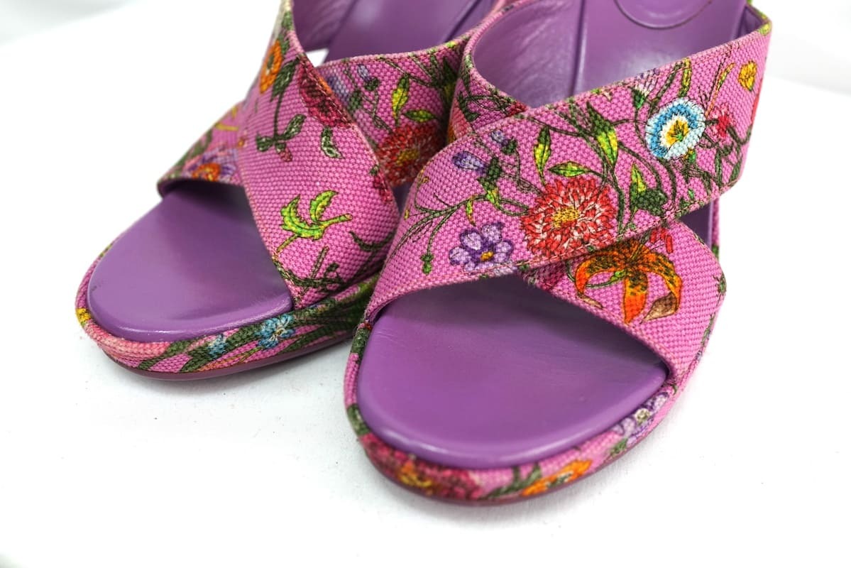 GUCCI グッチ Floral sandal フローラル サンダル パープル ピンク キャンバス レザー 34.5サイズ(約21.5cm)_画像3