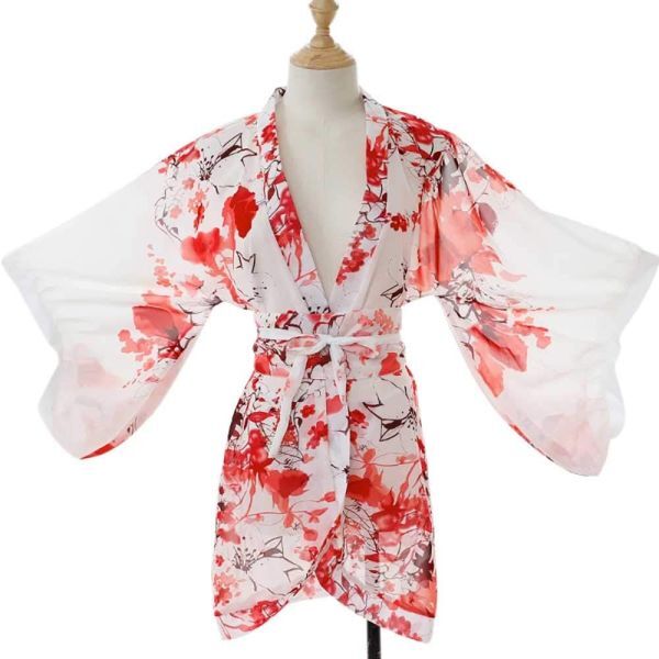 3 point set super sexy fine quality chiffon Japanese style yukata manner dress kimono gown see-through flower . cosplay Ran Jerry lady's costume 