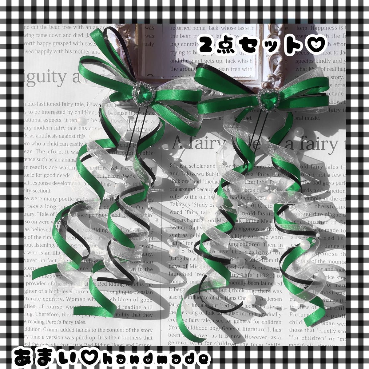 カールリボン緑×黒×白/3色/パールガーランド/量産型/ヘアメ　推し活　ヘアクリップ　Uピン