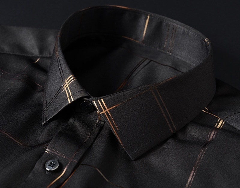 D959-M新品DCKMANY■箔押し 半袖シャツ メンズ ストライプ 格子柄シャツ ノーアイロン 夏 薄手シャツ シルクのような質感/ブラック_画像5