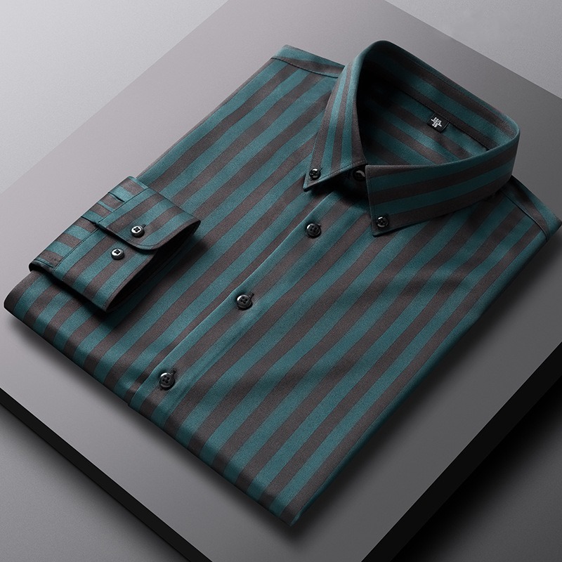 D185-3XL新品DCKMANY■ストライプシャツ メンズ 縦縞 長袖シャツノーアイロン 形態安定 ビジネスシャツ シルクのような質感/グリーン_画像3