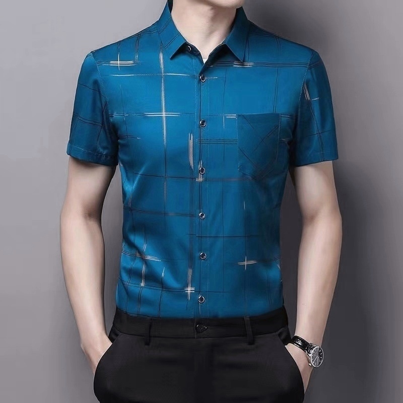 D958-2XL新品DCKMANY■箔押し 半袖シャツ メンズ ストライプ 格子柄シャツ ノーアイロン 夏 薄手シャツ シルクのような質感/ブルー_画像3