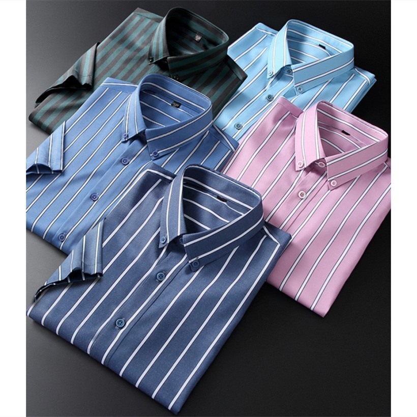 D175-L新品DCKMANY■ストライプ 半袖シャツ メンズ 縦縞シャツ 形態安定 ノーアイロン カジュアルシャツ シルクのような質感/クリーム色の画像4