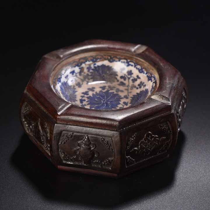 1156KN.3 多宝閣■ 木工芸品 彫刻品 【酸脂木彫八宝紋筆洗】 中国骨董 時代物 本物 珍品旧蔵 伝世家珍 孤品_画像1