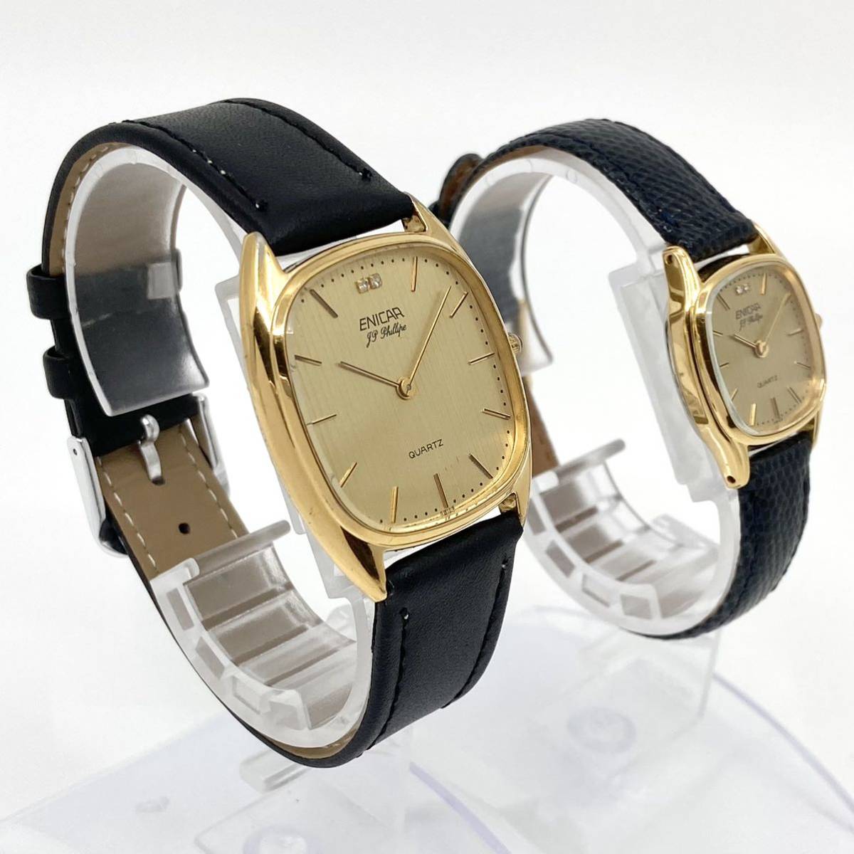 ペアウォッチ ENICAR JP Phillipe 腕時計 ストーン バーインデックス 2針 クォーツ quartz ゴールド 金 エニカ Y595の画像3