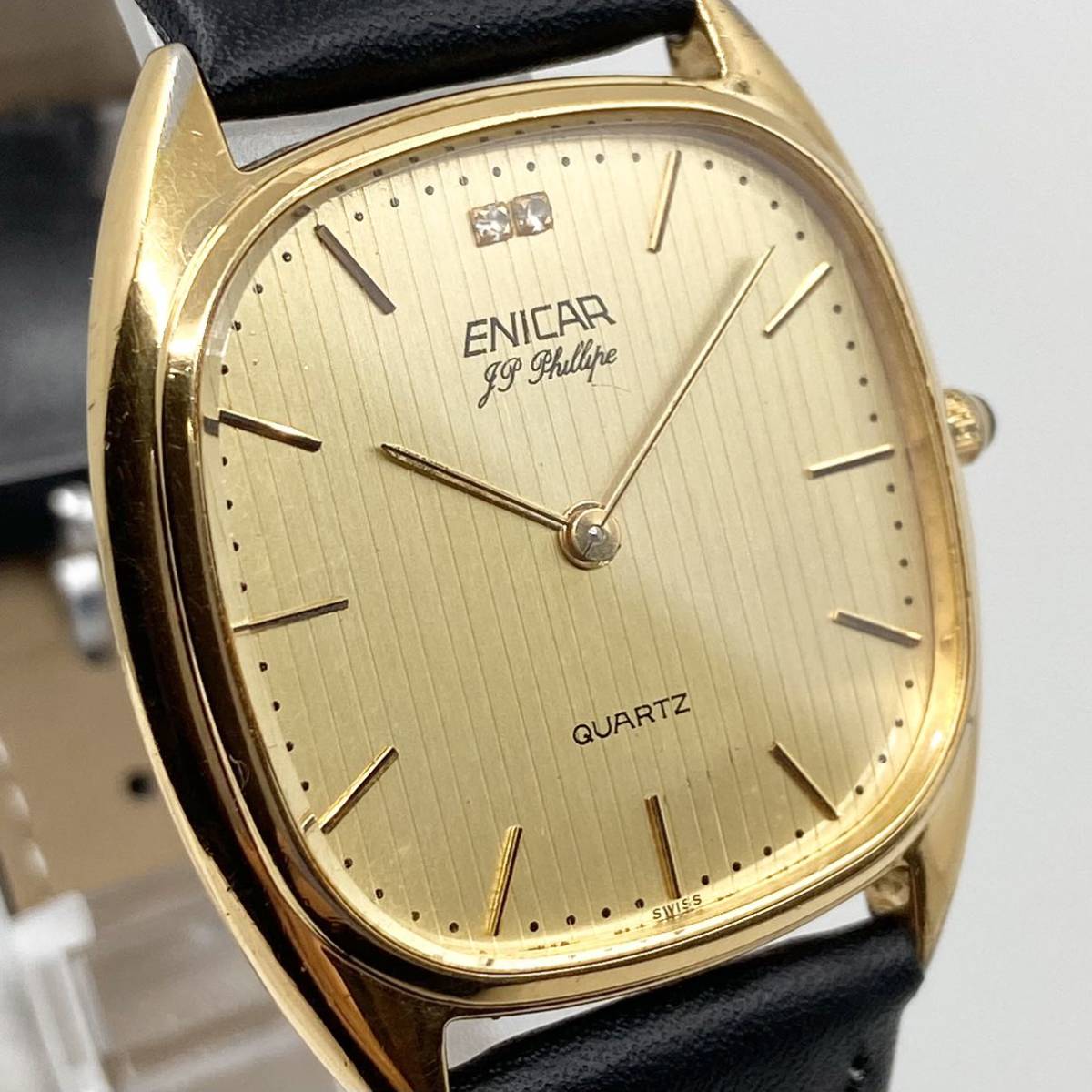 ペアウォッチ ENICAR JP Phillipe 腕時計 ストーン バーインデックス 2針 クォーツ quartz ゴールド 金 エニカ Y595の画像4