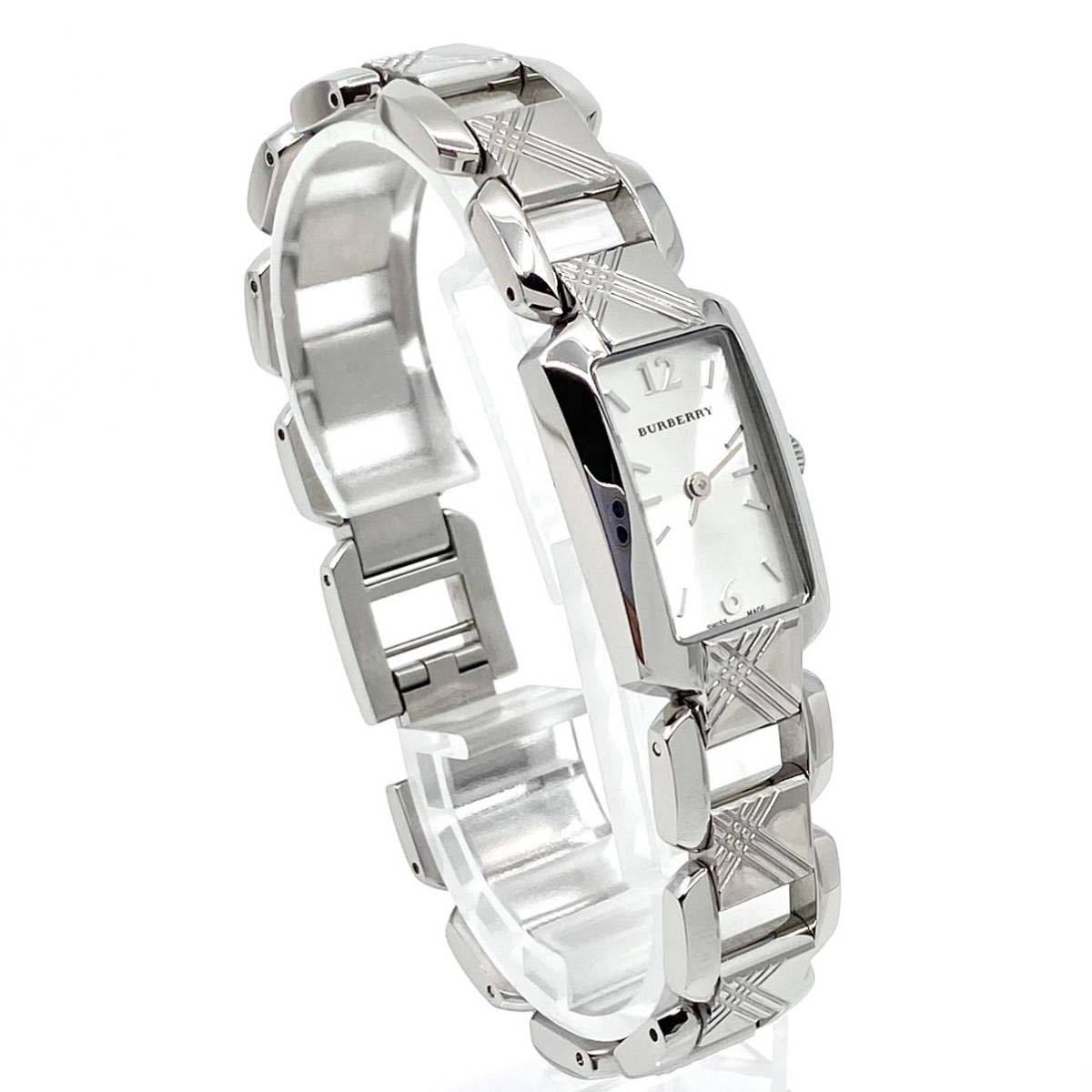 美品 BURBERRY 腕時計 チェック柄 レクタンギュラー バーインデックス 2針 クォーツ quartz Swiss シルバー 銀 バーバリー Y584の画像3
